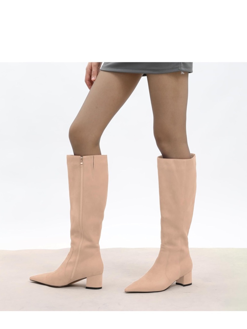 Womens 10 Suede Zip Pointed Toe Heel Knee High Boots 2 Inch